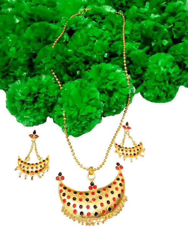 Assamese_Traditional_Gold_Plated_Red_Black_Colour_Joonbiri_Chain_Jewellery_Set_For_Women